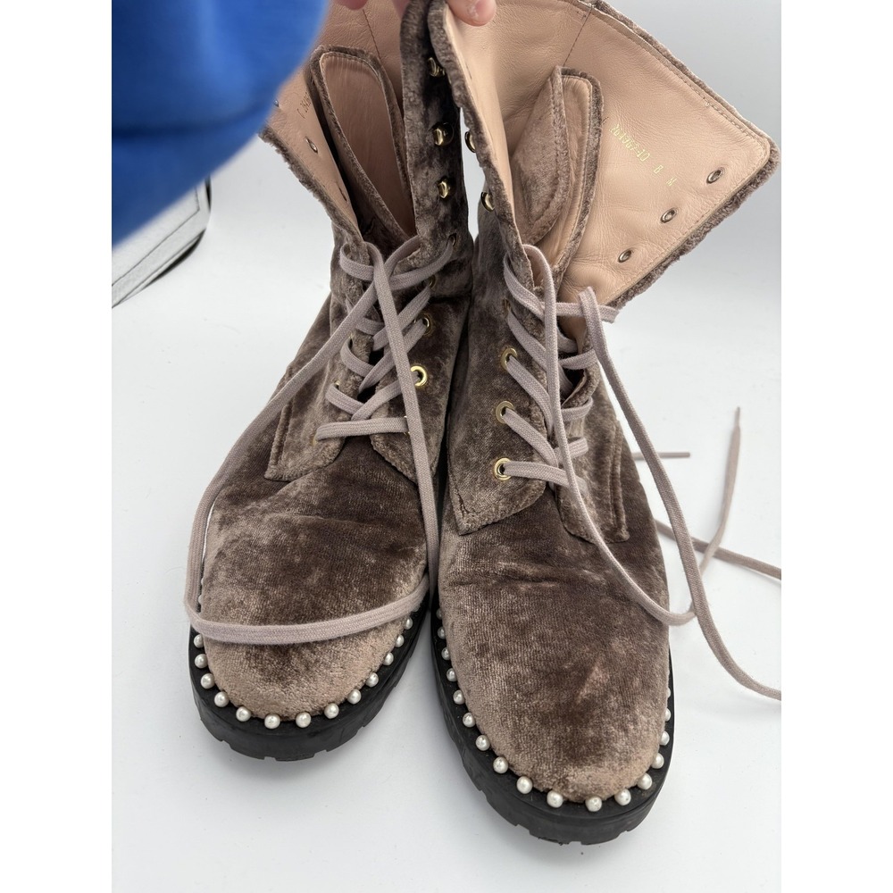 Stuart Weitzman Boots Womens Size 8 Brown Velvet Combat Pearl Studded Booties - Picture 2 of 7